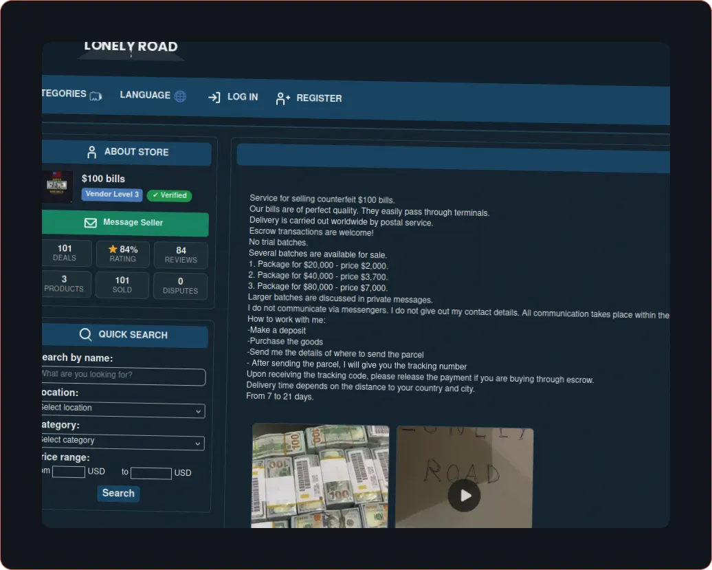 Screenshot of a darknet website advertising fake US dollar bills for sale.