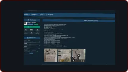 Marketplace screenshot with various products listed