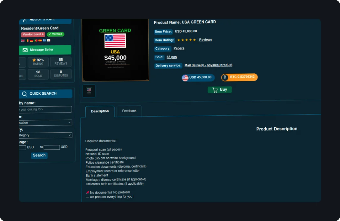 Advertisement for a US green card for sale at $45,000