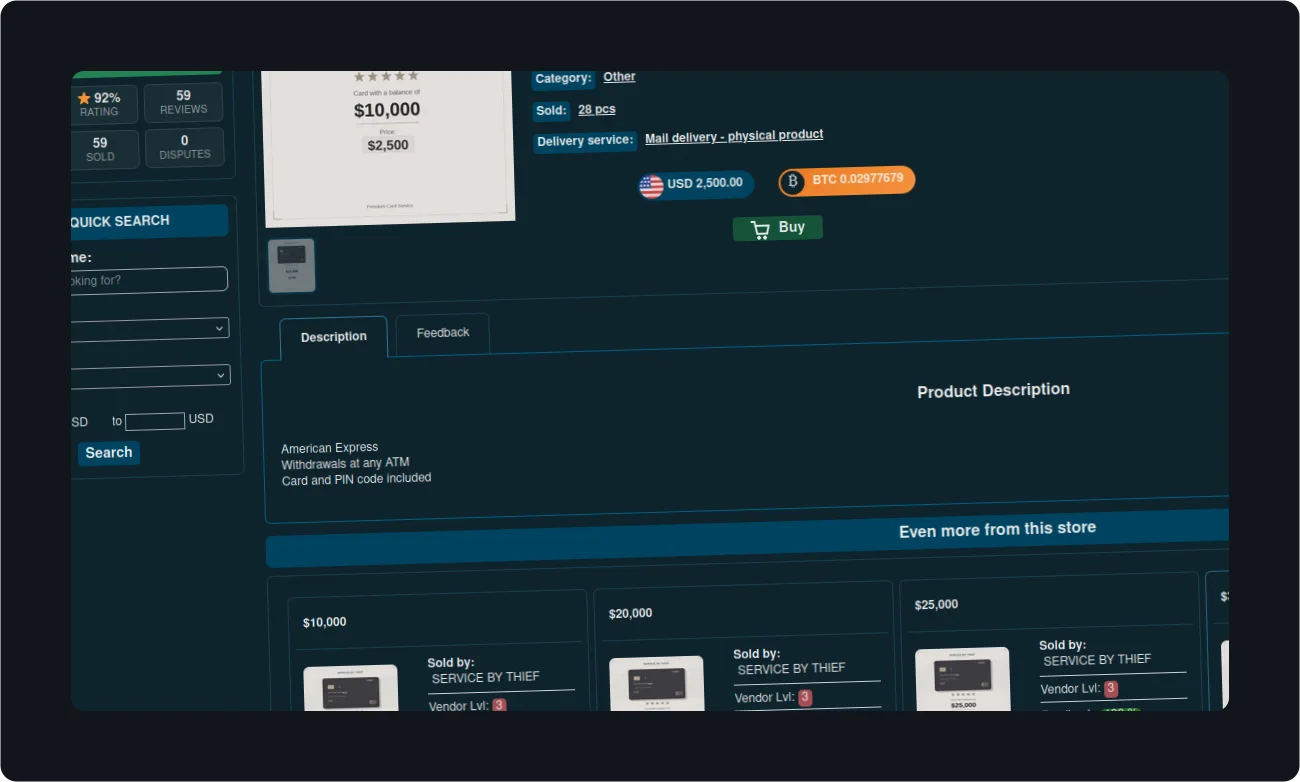 Online store interface offering illicit services.